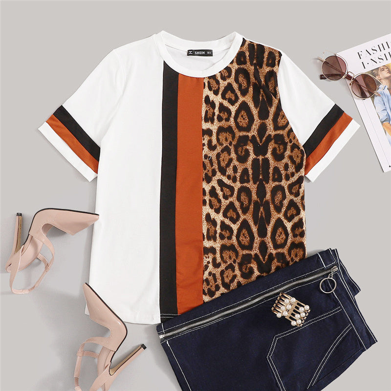 White Color Block Cut-and-Sew Leopard Panel Top Short Sleeve O-Neck Casual T Shirt Women Summer Leisure Tshirt Tops