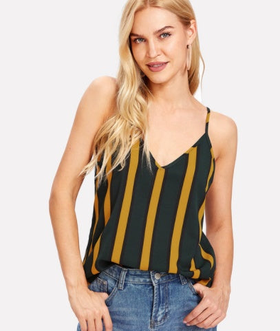 SHEIN Double V Neck Striped Cami Top Spaghetti Strap Casual Women Sexy Striped Top Summer Multicolor Backless Camisole Tops