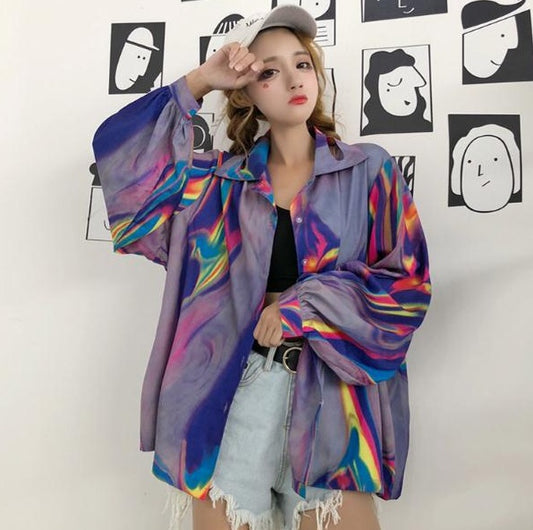 Lychee Harajuku Laser Women Blouse Rainbow Turn Down Collar Long Sleeve Casual Loose Holographic Hologram Shirt Tops Female