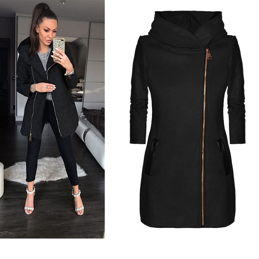 Fashion Side Zipper Plus Fleece Coat Hooded Jacket Sweater Women