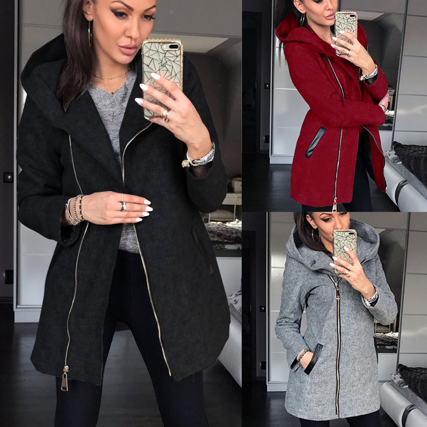 Fashion Side Zipper Plus Fleece Coat Hooded Jacket Sweater Women