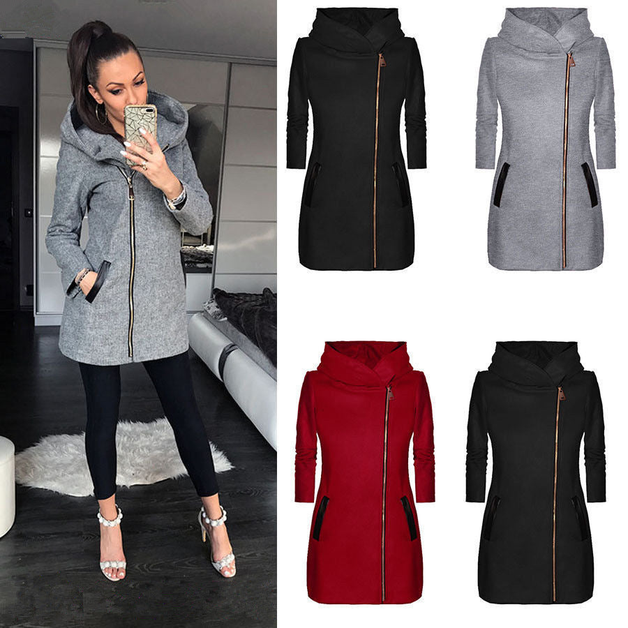 Fashion Side Zipper Plus Fleece Coat Hooded Jacket Sweater Women