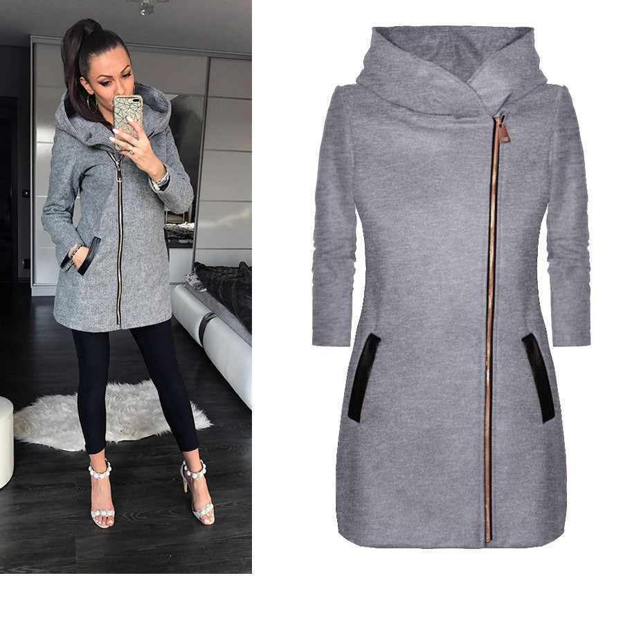 Fashion Side Zipper Plus Fleece Coat Hooded Jacket Sweater Women