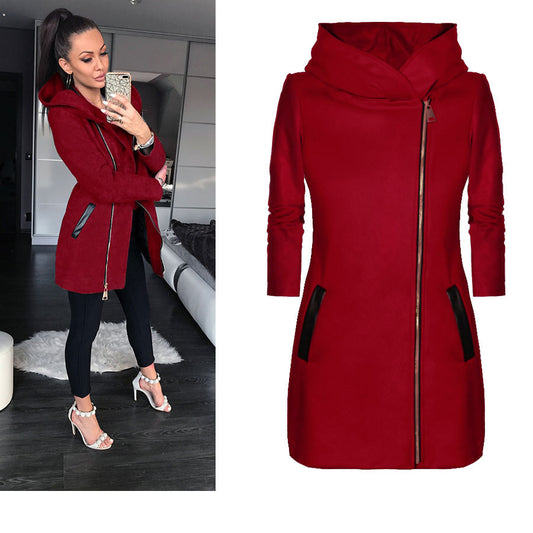 Fashion Side Zipper Plus Fleece Coat Hooded Jacket Sweater Women