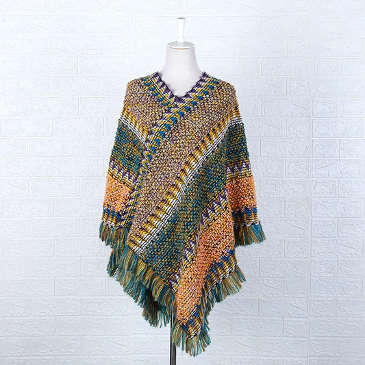 Ethnic Style Cape Shawl Knitted Pullover Mohair Fringed Scarf Jacket Women