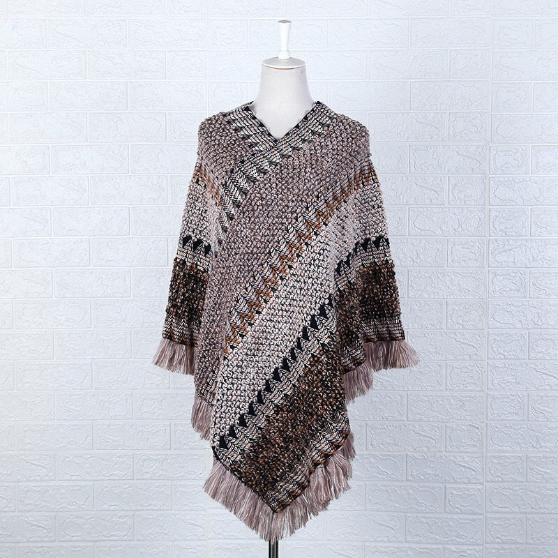 Ethnic Style Cape Shawl Knitted Pullover Mohair Fringed Scarf Jacket Women