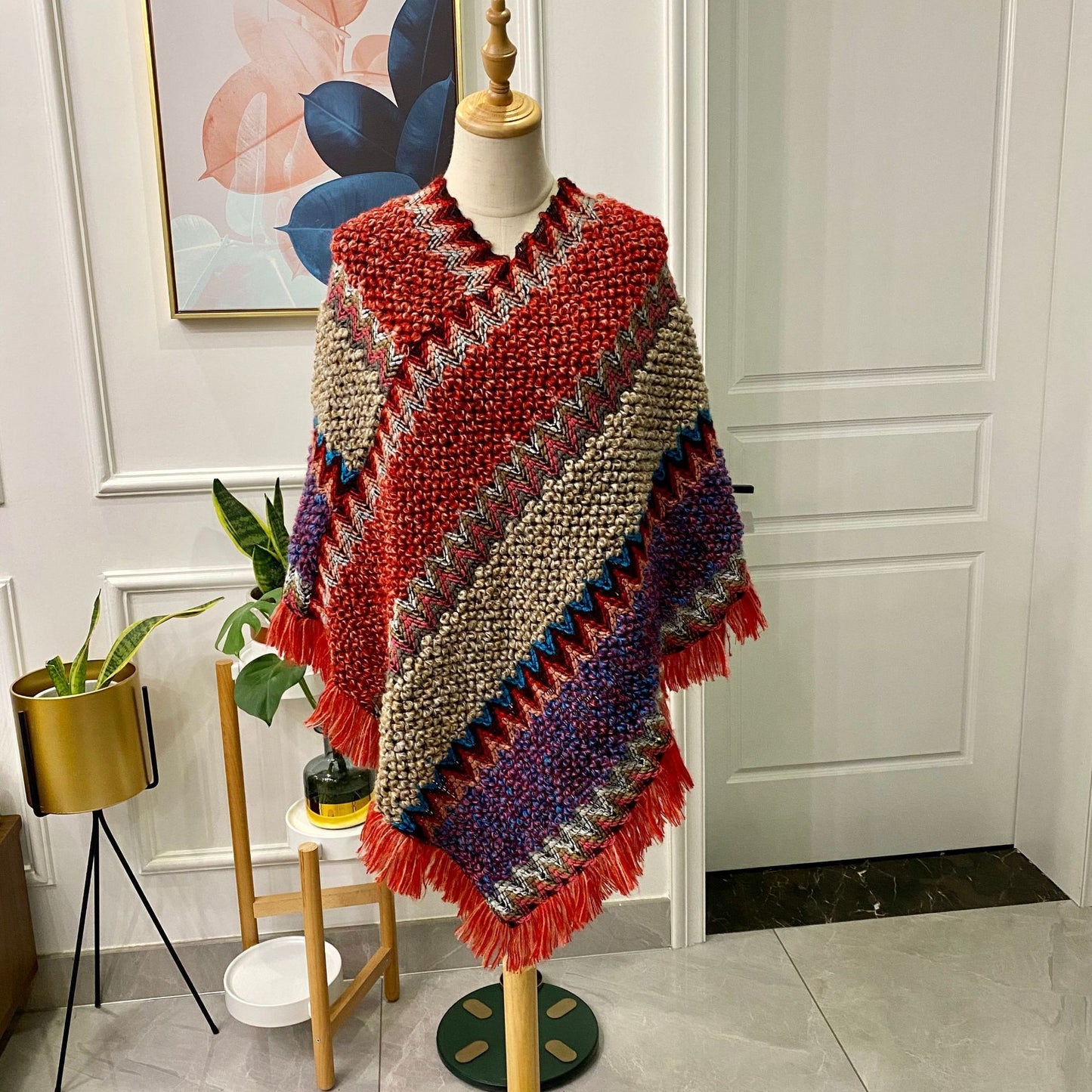 Ethnic Style Cape Shawl Knitted Pullover Mohair Fringed Scarf Jacket Women