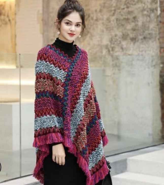 Ethnic Style Cape Shawl Knitted Pullover Mohair Fringed Scarf Jacket Women