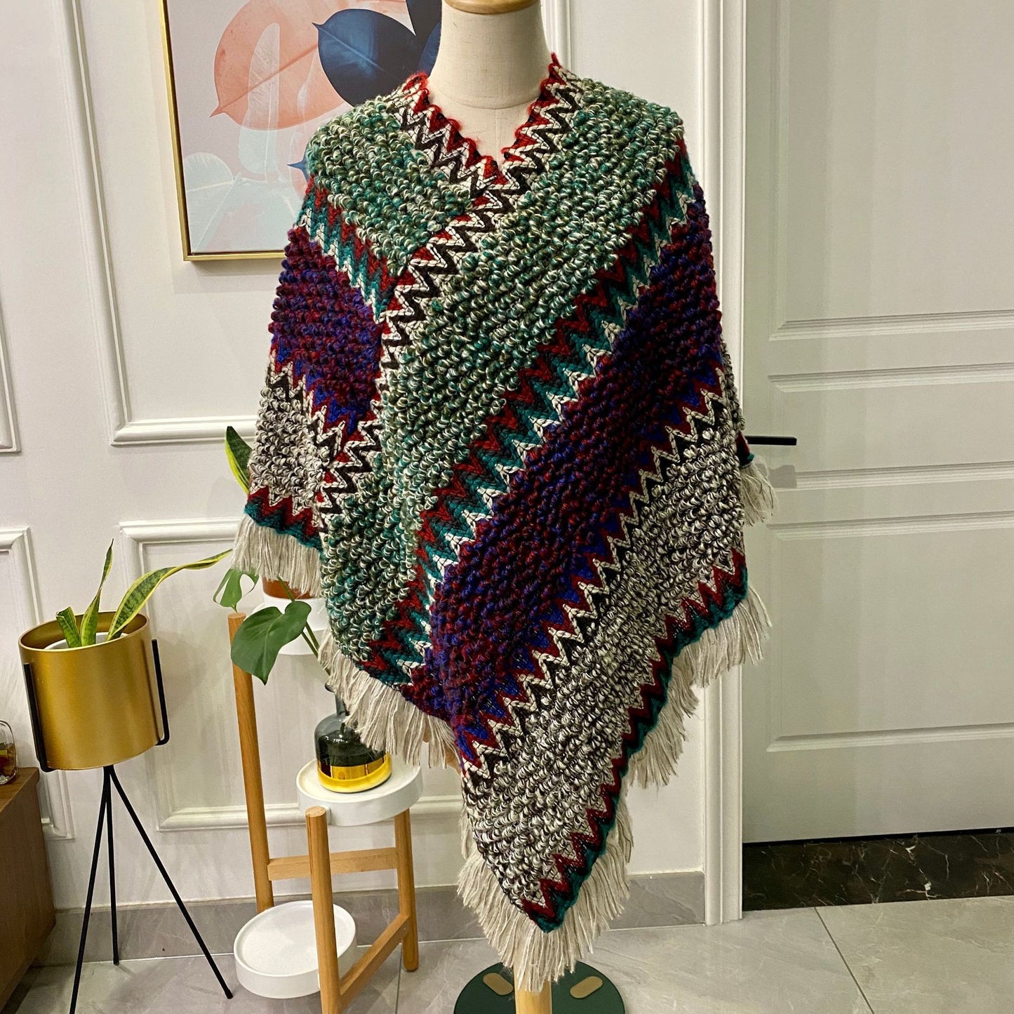 Ethnic Style Cape Shawl Knitted Pullover Mohair Fringed Scarf Jacket Women