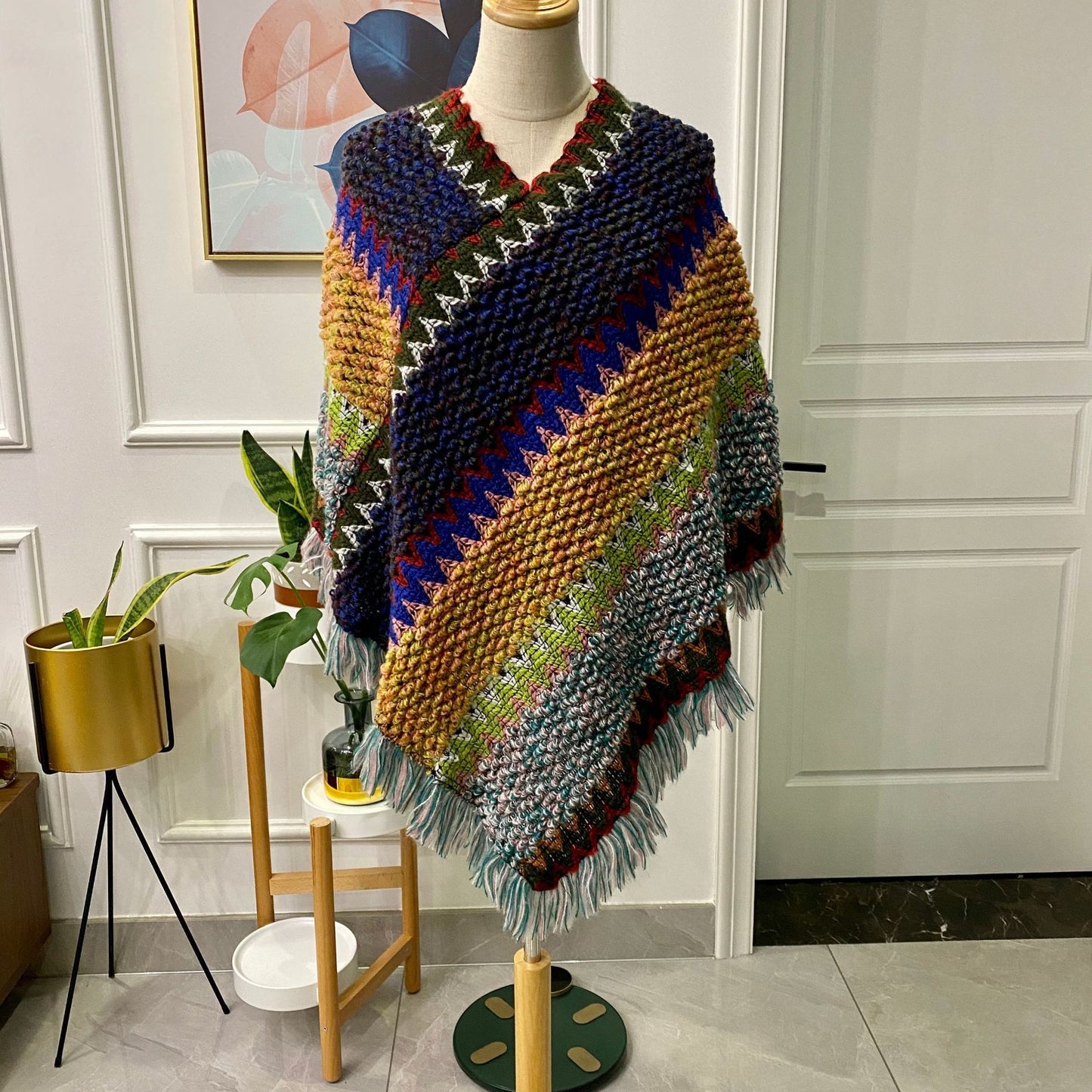 Ethnic Style Cape Shawl Knitted Pullover Mohair Fringed Scarf Jacket Women