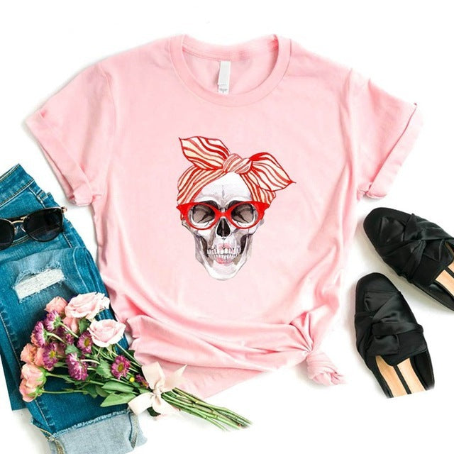 Skull Pattern Short-Sleeved T-Shirt Top Women Trendy Clothing