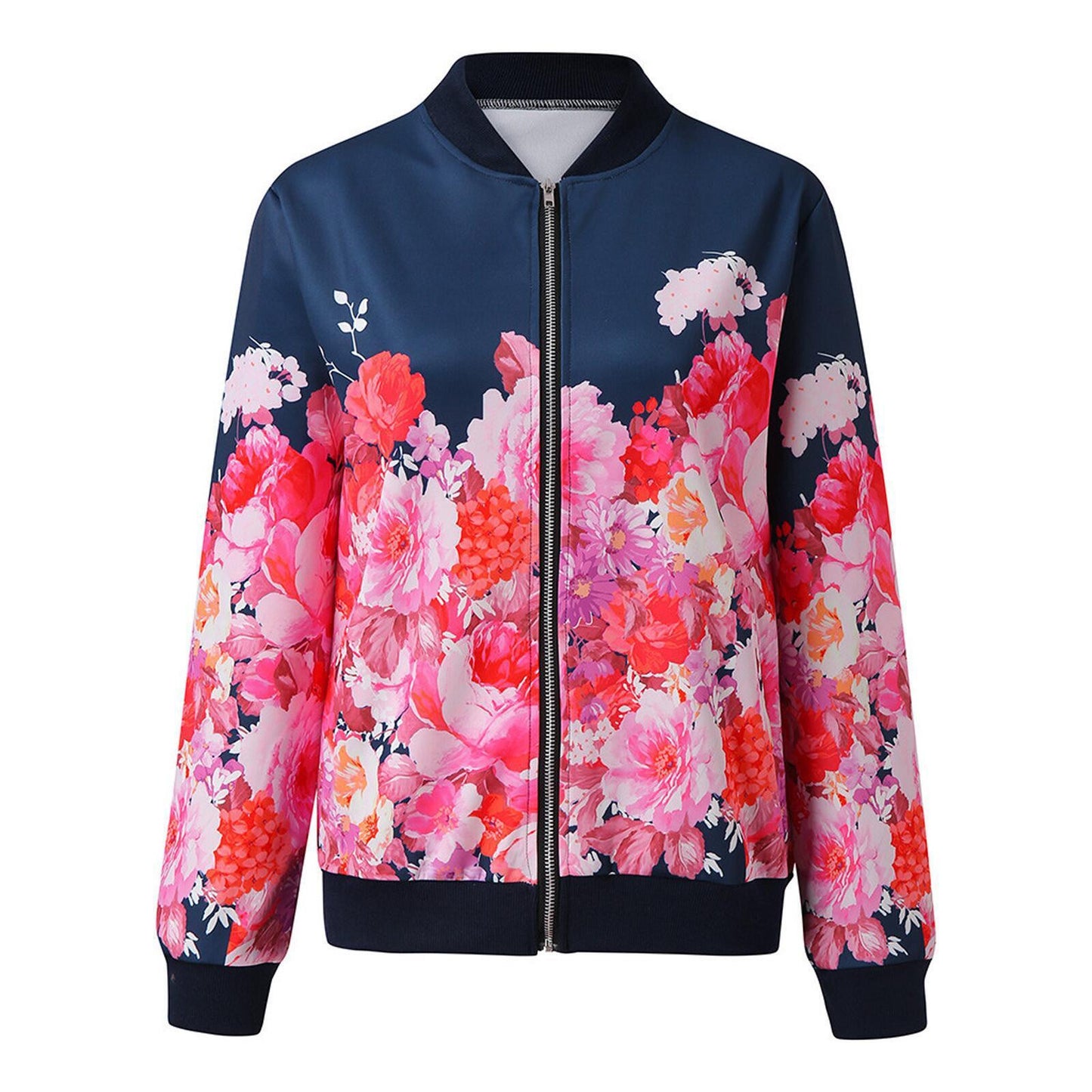 Autumn And Winter Fashion Printed Round Neck Zipper Long-Sleeved Jacket Women Jacket