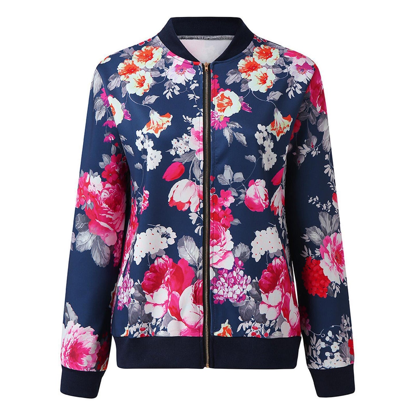 Autumn And Winter Fashion Printed Round Neck Zipper Long-Sleeved Jacket Women Jacket