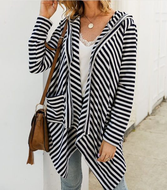 New Fashion Striped Hooded Long Sleeve Irregular Sweatshirt Jacket Women