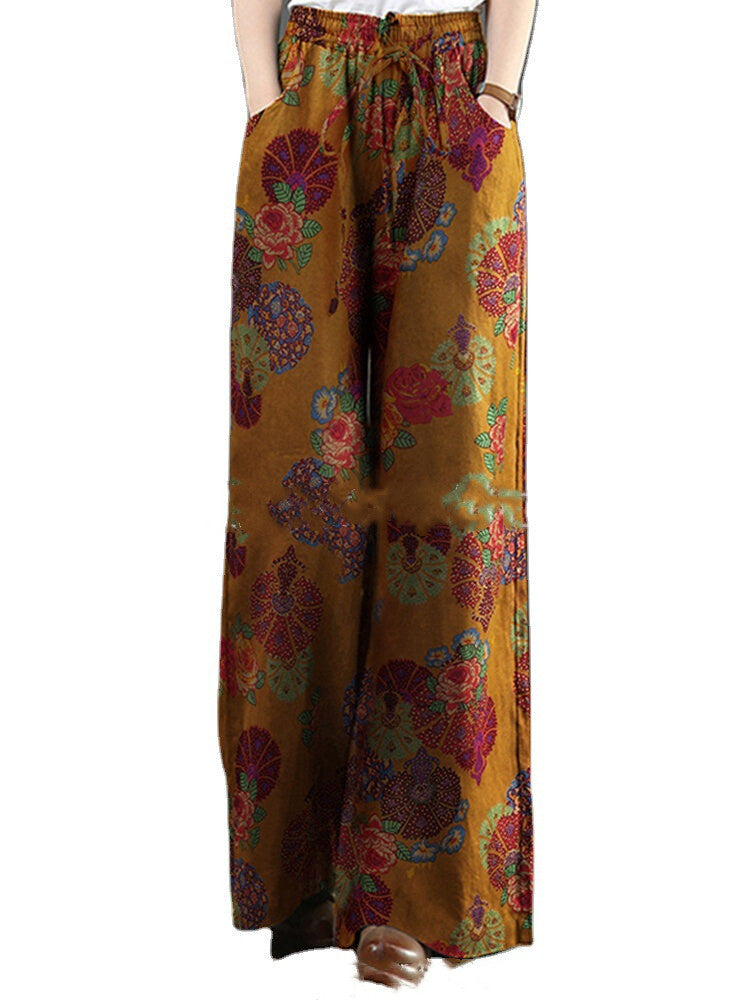 New cotton and linen printed wide-leg pants women