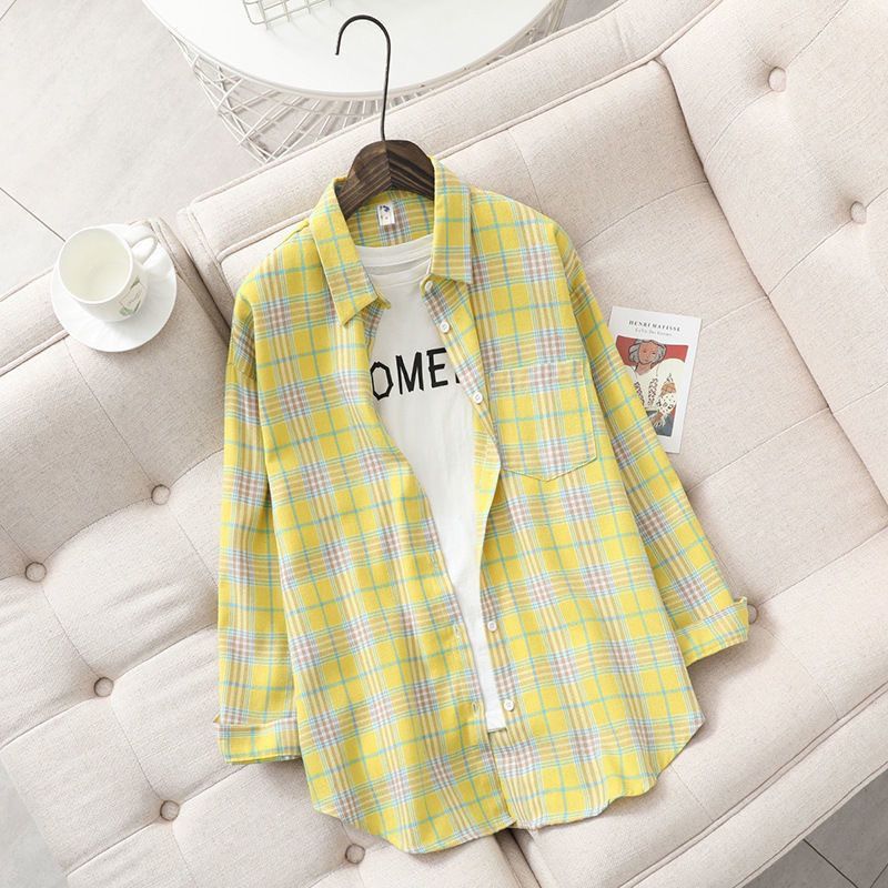 Women Retro Oversized Plaid Print Blouse Long Sleeve Chic Female Casual Loose Shirt Tops