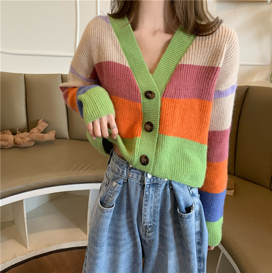 Knit Sweater Rainbow Sweater Jacket Women Retro Hong Kong Style Loose Short