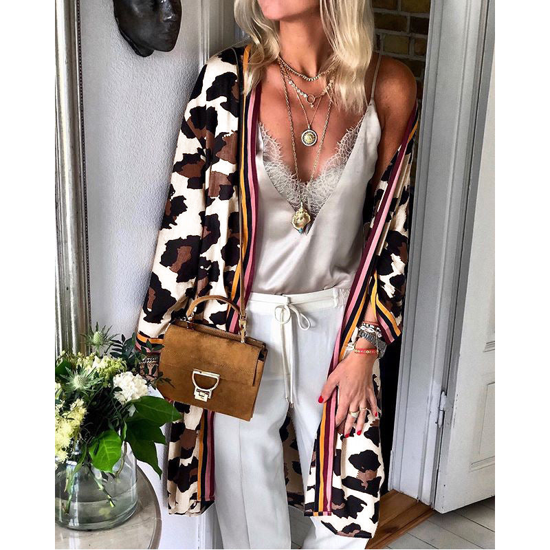 Fashion Leopard Print Loose All-match Mid-length Cardigan Jacket Women