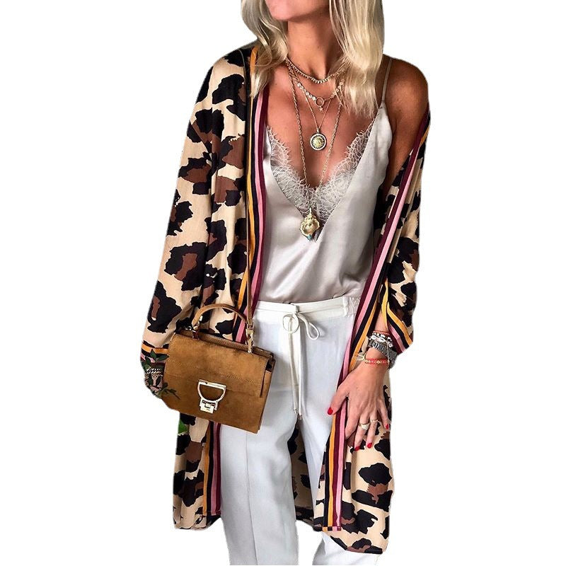 Fashion Leopard Print Loose All-match Mid-length Cardigan Jacket Women