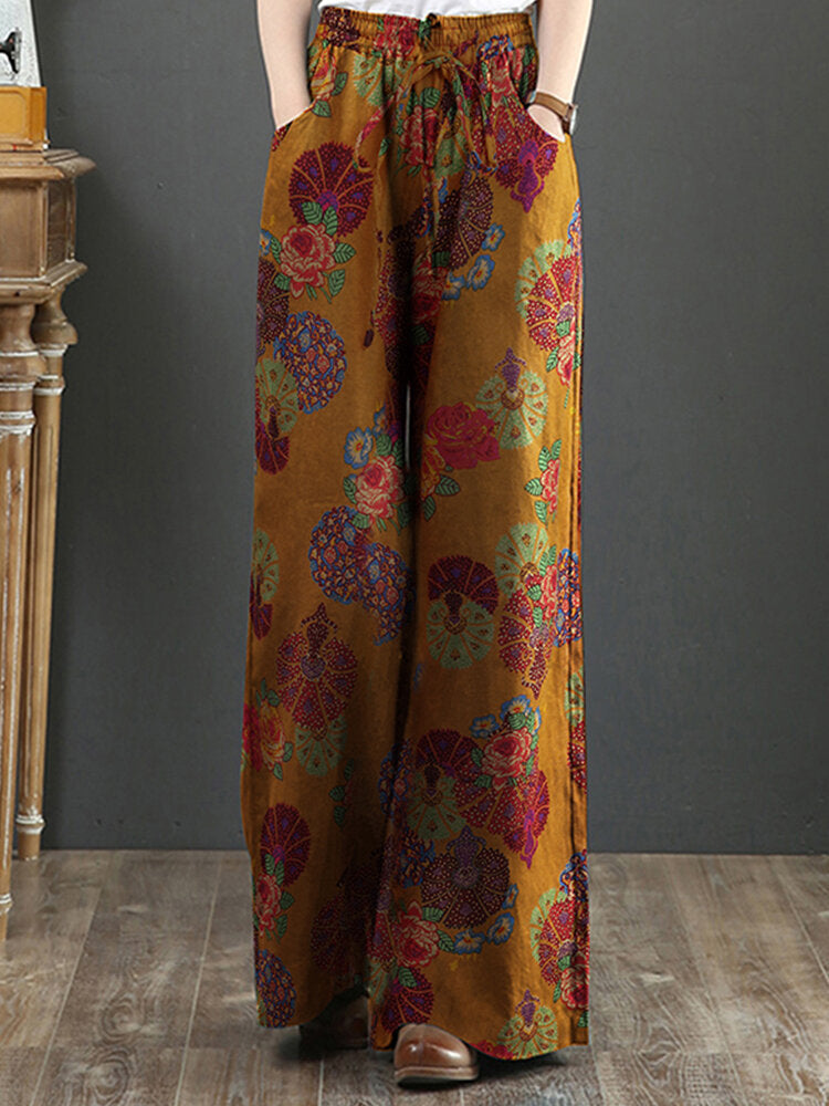 New cotton and linen printed wide-leg pants women