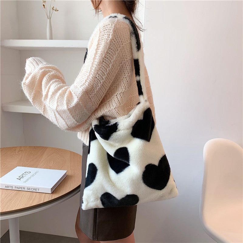 Love Heart Shoulder Bags Winter Plush Shopping Bags For Women