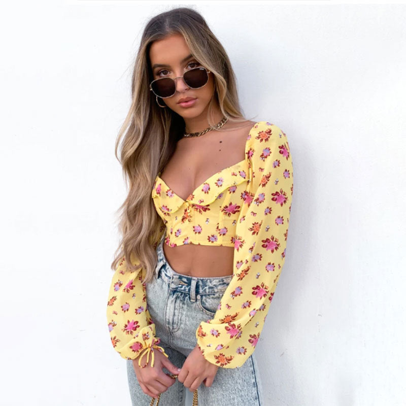 Women Boho 2 Pieces Clothes Set Yellow Color Floral Print Crop Tops Lantern Sleeve with Drawstring Ruffles Pleated Mini Skirt