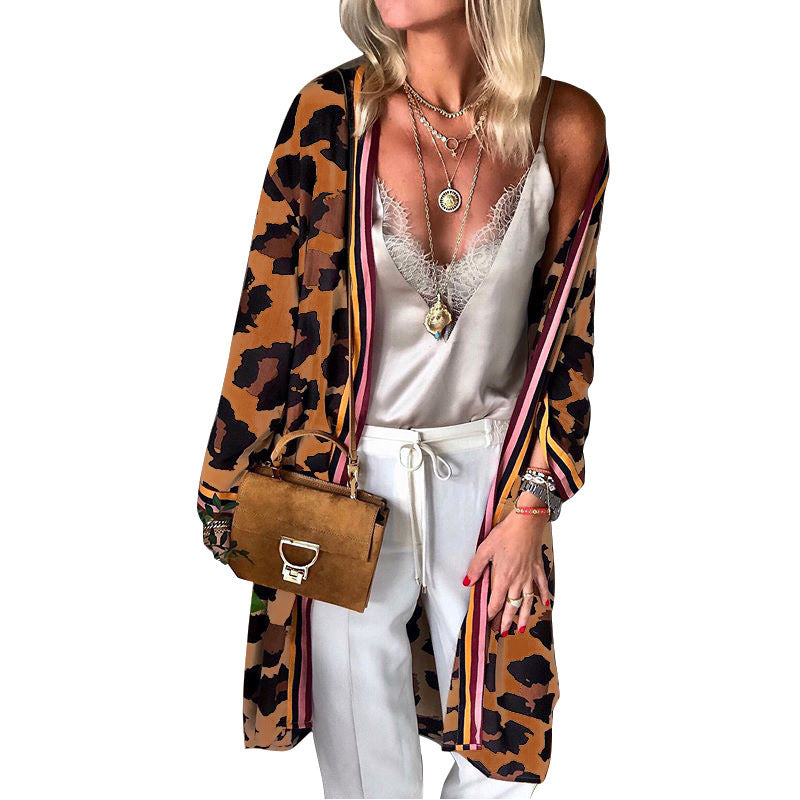 Fashion Leopard Print Loose All-match Mid-length Cardigan Jacket Women