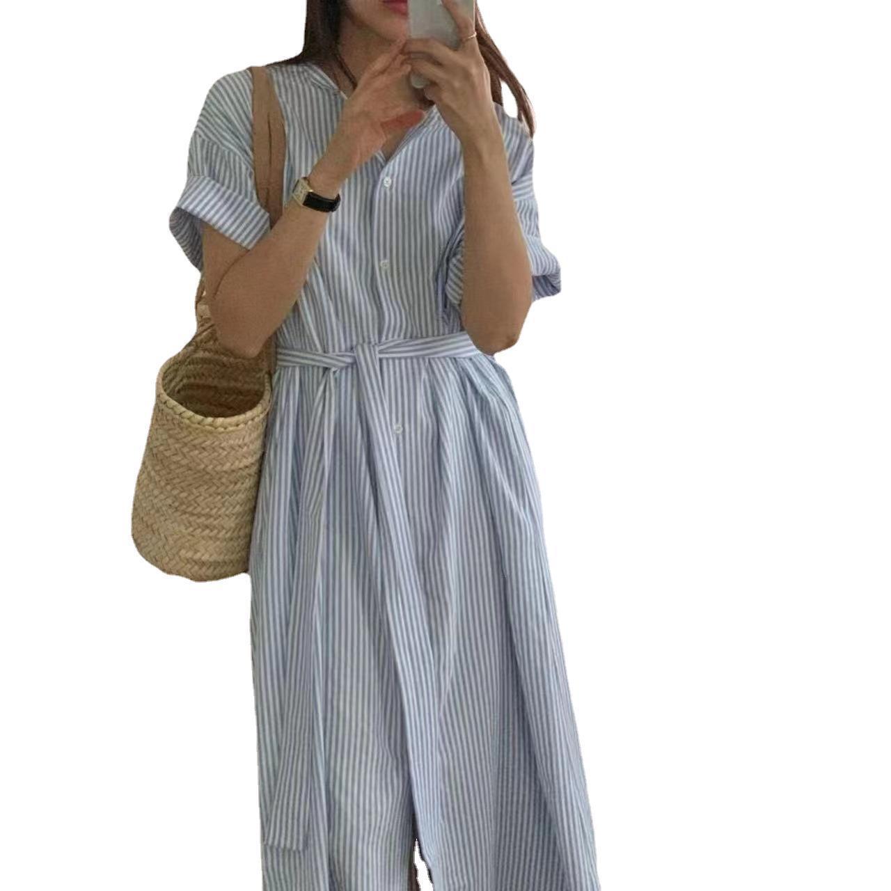 Simple Round Neck Single-breasted Lace Up Fitted Waist Striped Shirt Dress