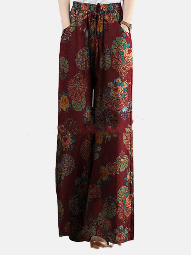 New cotton and linen printed wide-leg pants women