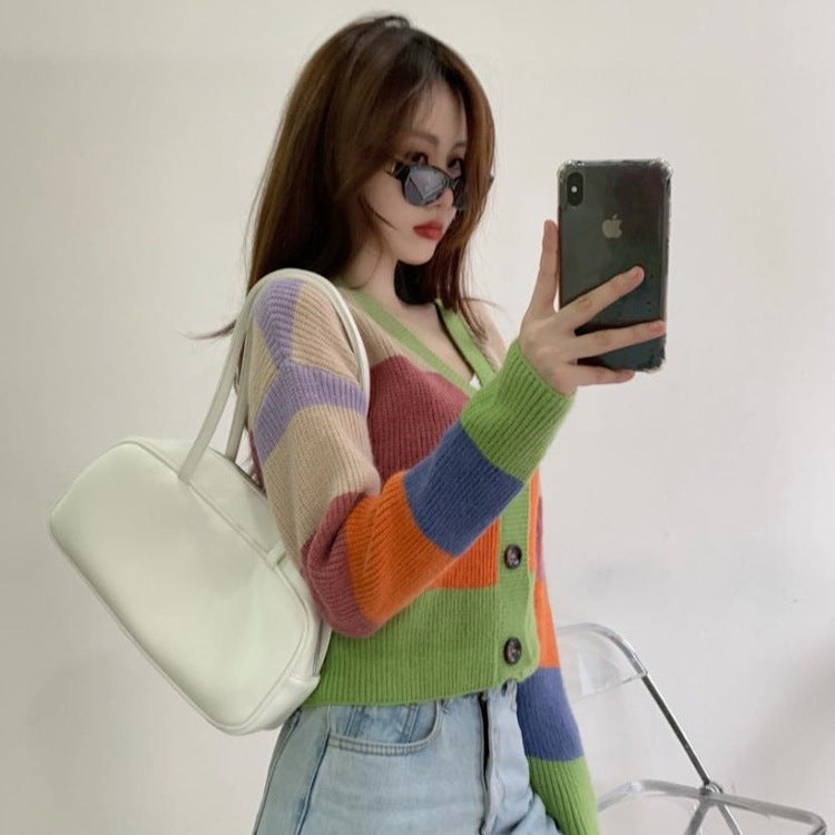 Knit Sweater Rainbow Sweater Jacket Women Retro Hong Kong Style Loose Short