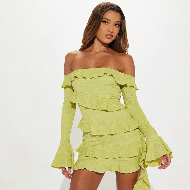 Fashion Tube Top Off Shoulder Ruffled Flare Sleeve Dress