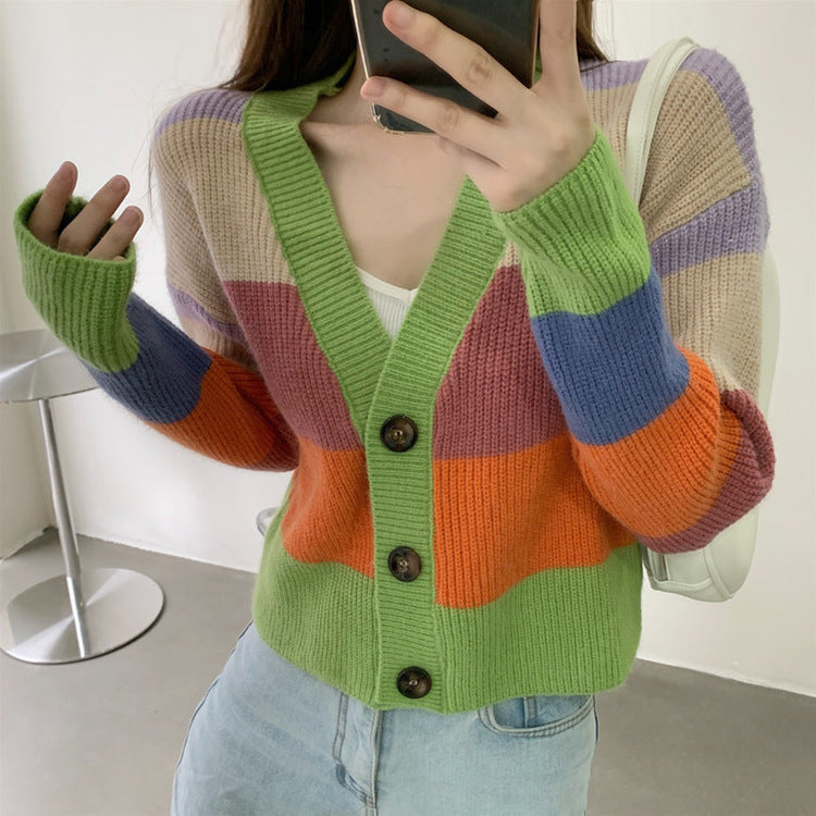 Knit Sweater Rainbow Sweater Jacket Women Retro Hong Kong Style Loose Short