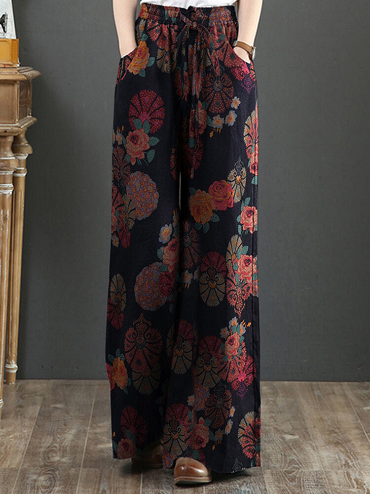 New cotton and linen printed wide-leg pants women