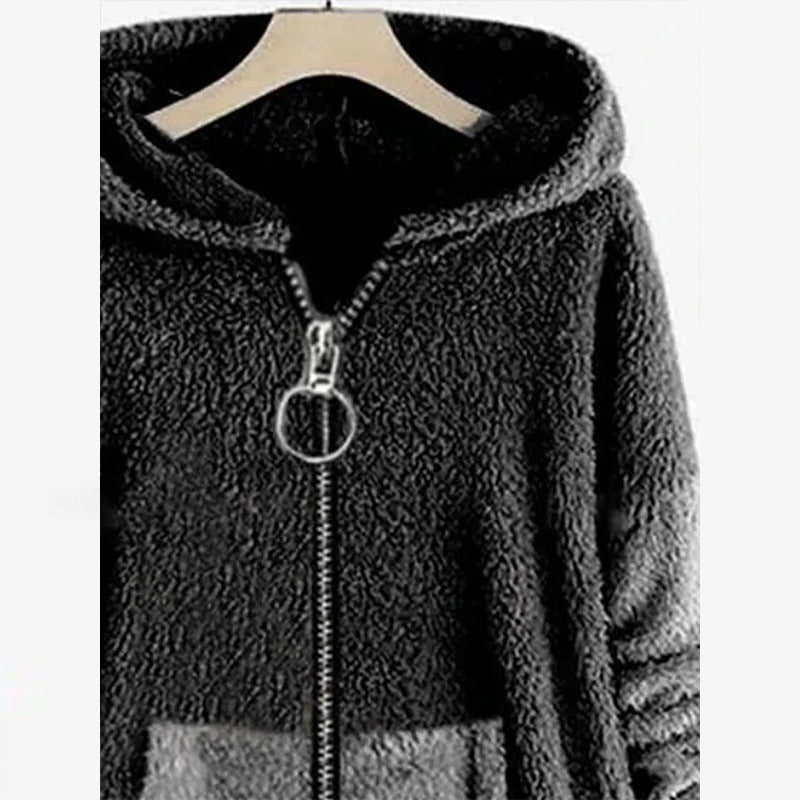 Autumn And Winter Stitching Contrast Color Double-sided Velvet Hooded Jacket Zipper Cloak Tops Warm Women