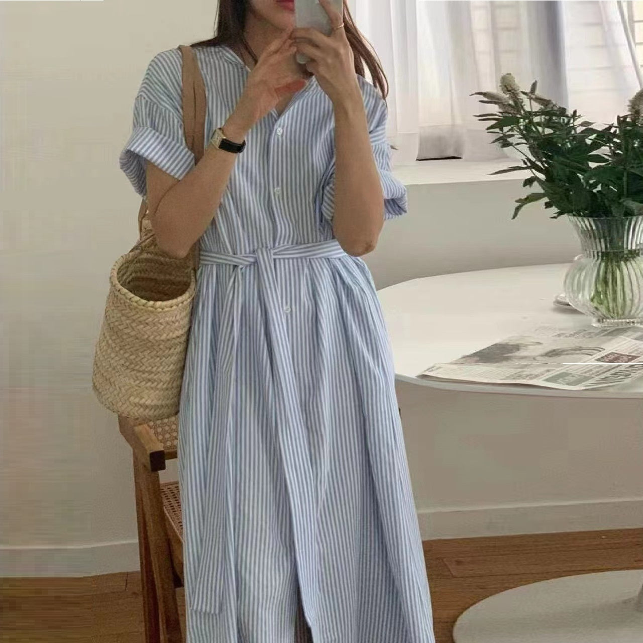 Simple Round Neck Single-breasted Lace Up Fitted Waist Striped Shirt Dress