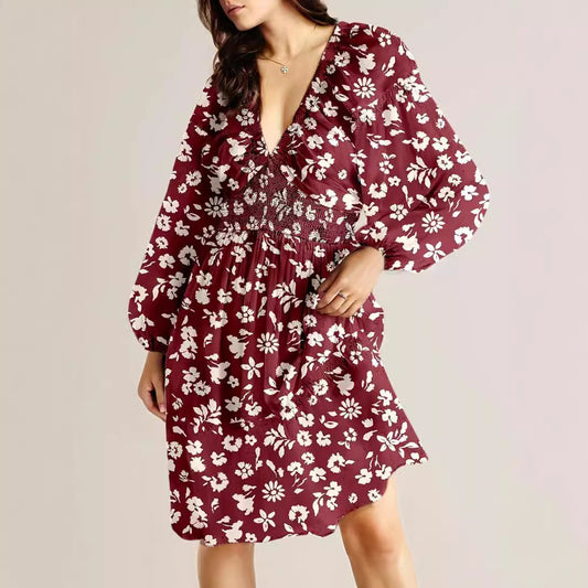 Floral V-neck Long Sleeve Pleated Elastic Waist Dress