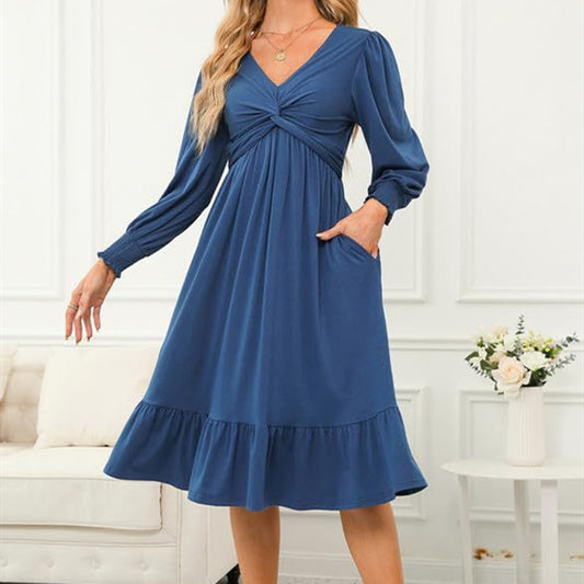 Wrap V-neck Long Sleeve Mid-length Dress