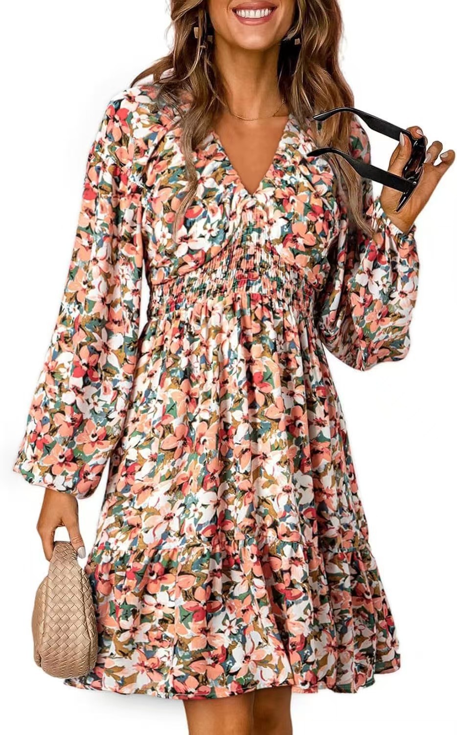 Floral V-neck Long Sleeve Pleated Elastic Waist Dress