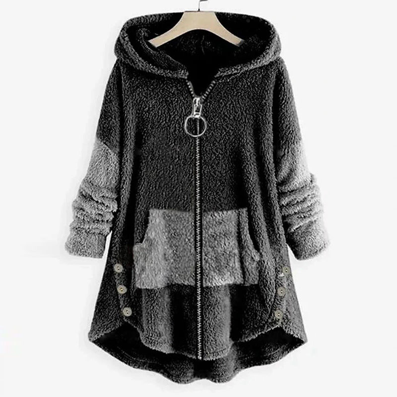 Autumn And Winter Stitching Contrast Color Double-sided Velvet Hooded Jacket Zipper Cloak Tops Warm Women