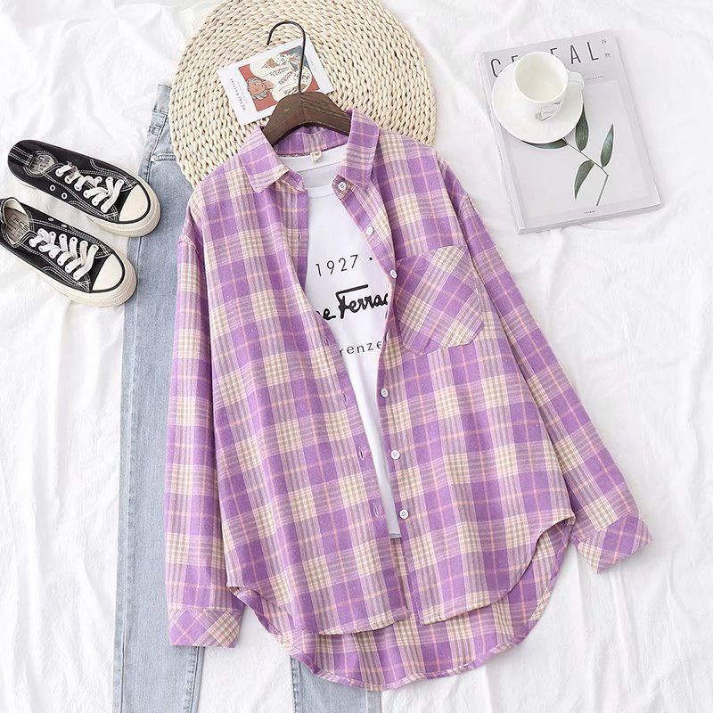 Women Retro Oversized Plaid Print Blouse Long Sleeve Chic Female Casual Loose Shirt Tops